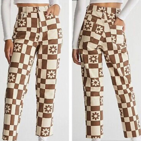 PacSun Pants - Pacsun Jeans Womens 22 (XS) Eco Flower Checkerboard Button Fly High Rise Frayed